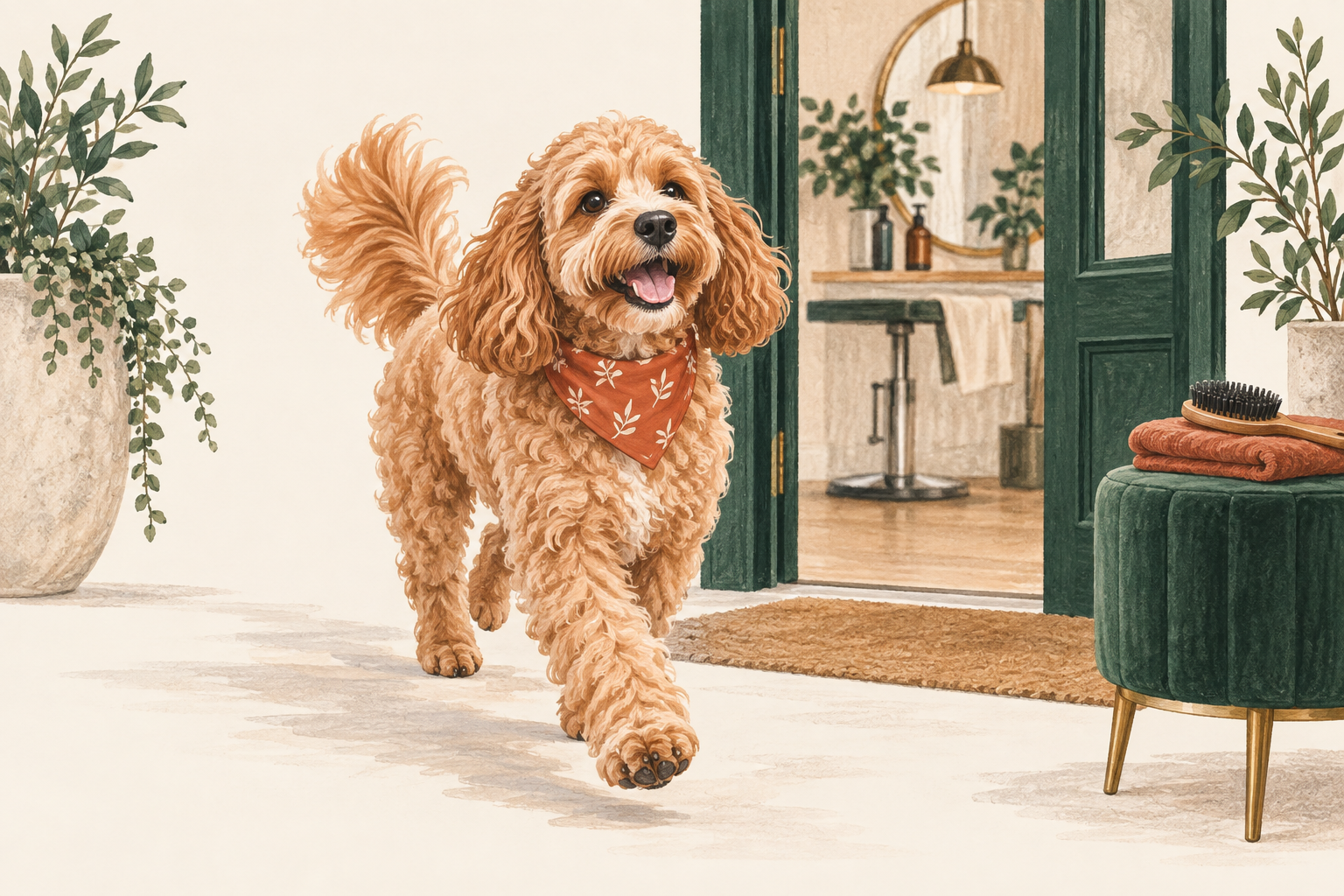Happy freshly groomed cockapoo leaving a boutique salon